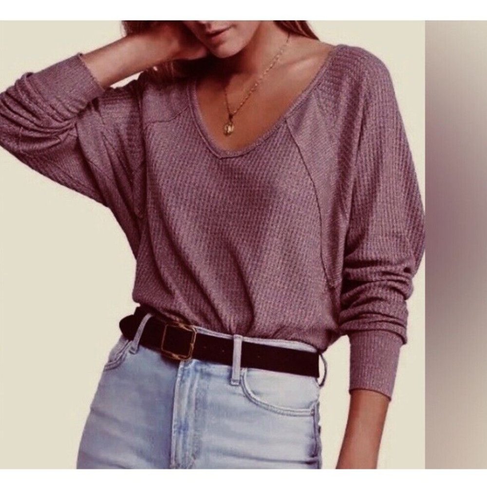 NWT $78 Free People Small & Medium Santa Clara Thermal Top Mulberry Off Shoulder - Picture 1 of 10